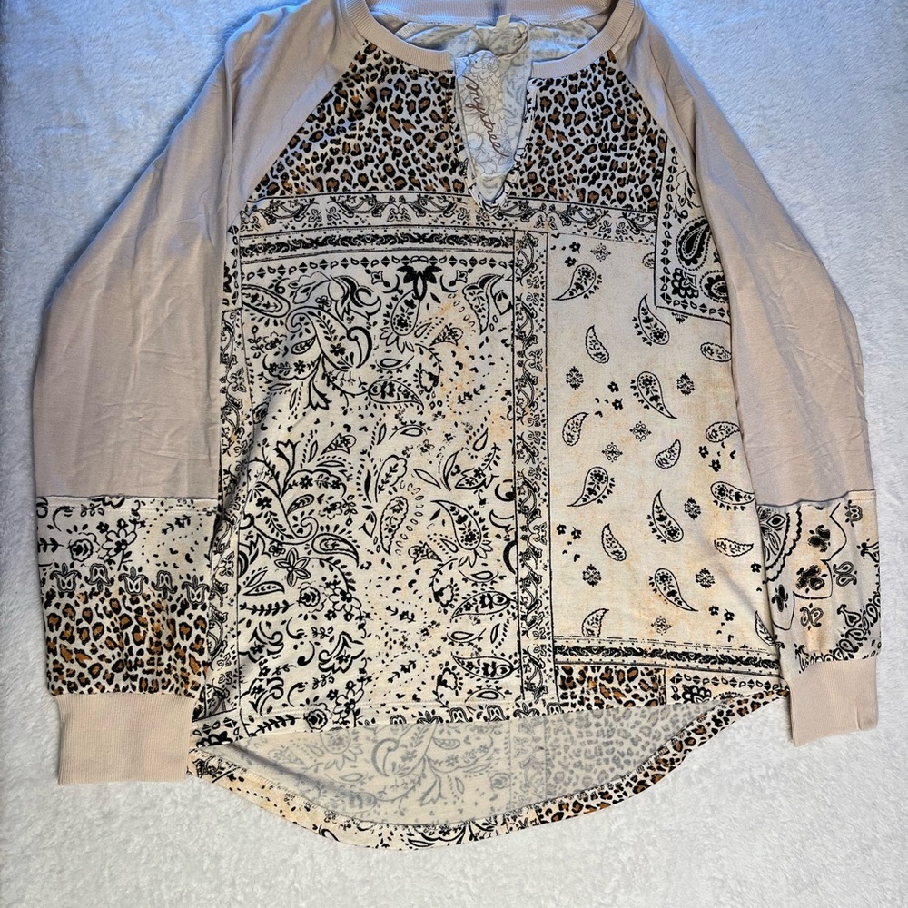 Mystree Cream Patchwork Paisley & Leopard Long Sleeve Top